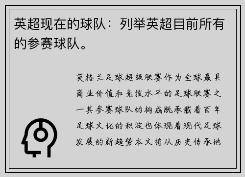 英超现在的球队：列举英超目前所有的参赛球队。